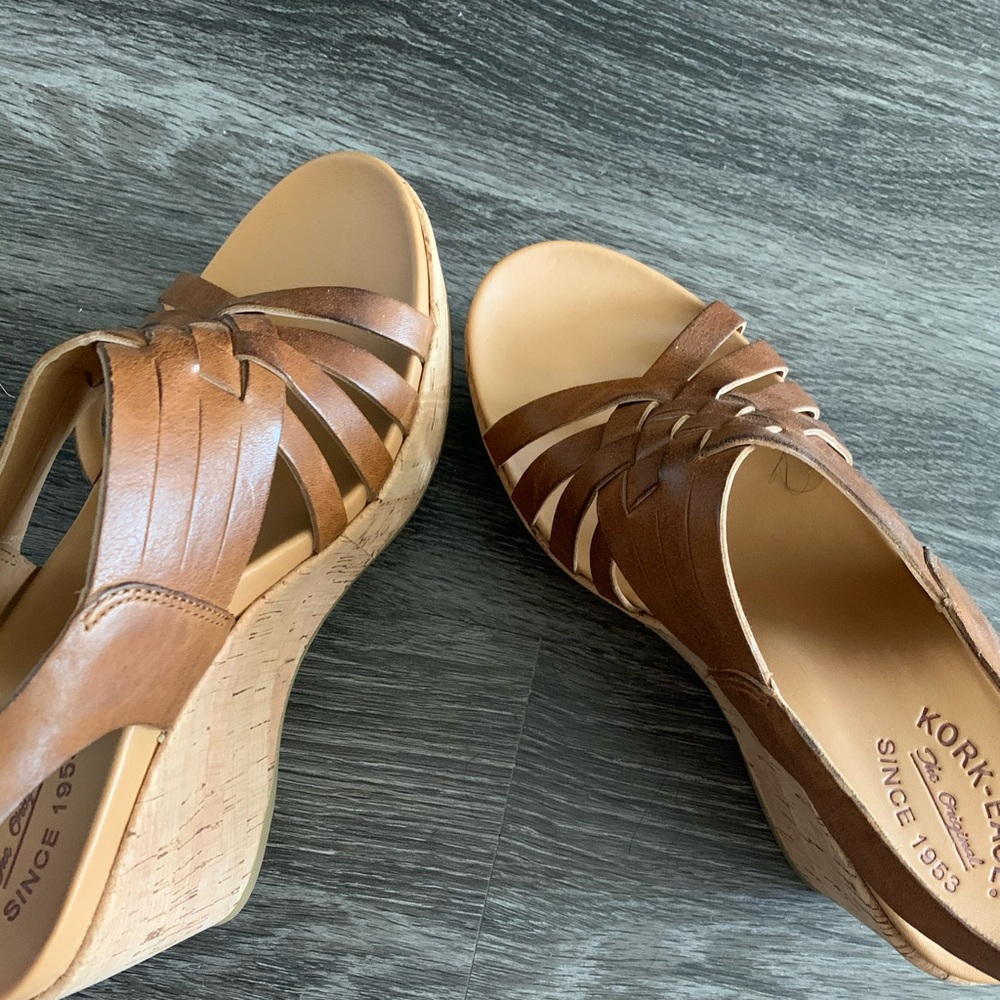 Kork-Ease brand tan leather platform sandals.